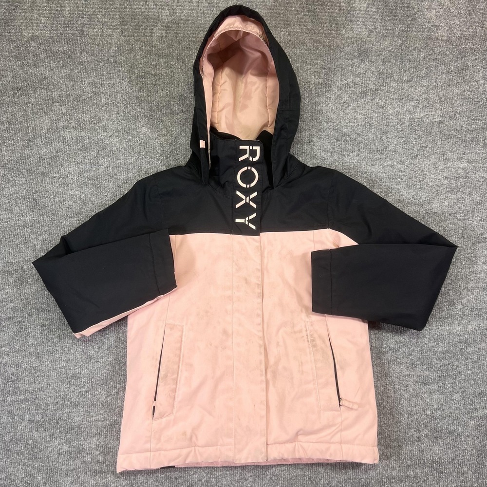 Roxy Jacket Kids 8 Pink Colorblock Ski DryFlight 10K Hooded Insulated Pockets